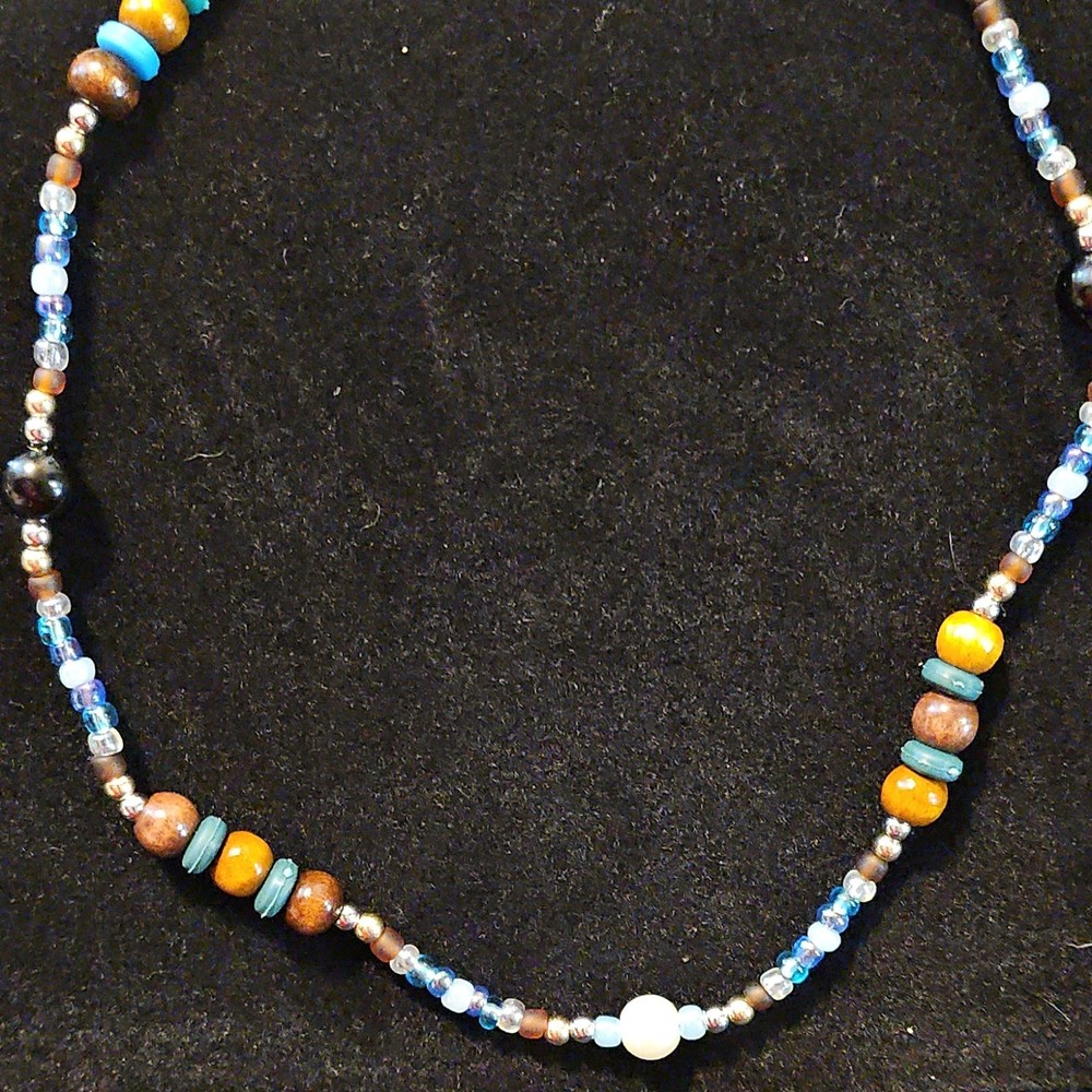 Beaded Necklace Pearl Glass Wood Blue Brown Yellow White Silver Lobster Clasp