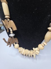 Vintage Hand Carved Wood Animal Statement Necklace Beads Brown