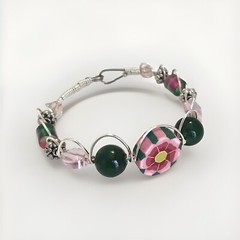 Bangle Bracelet With Pink Flower Dk. Green & Pink Beads. 7in. Hook Close Boho