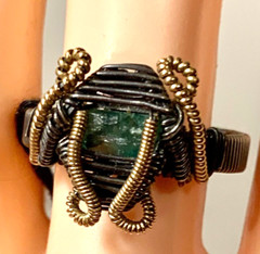 Ring 2 Tone Copper Wrapped Natural Emerald Stone Size 9 R-247