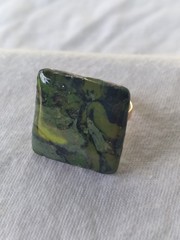 Handcrafted Gold Adjustable Polymer Clay Ring Square Green Yellow Black