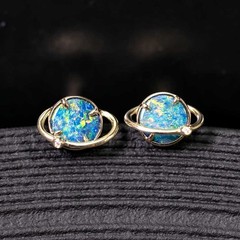 Saturn Design Doublet Opal Stud Earrings 14K Yellow Gold