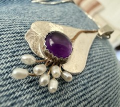 Vtg Designer Sterling 925 Amethyst, Pearl Beads Gold Wire Pendant Necklace 18”in