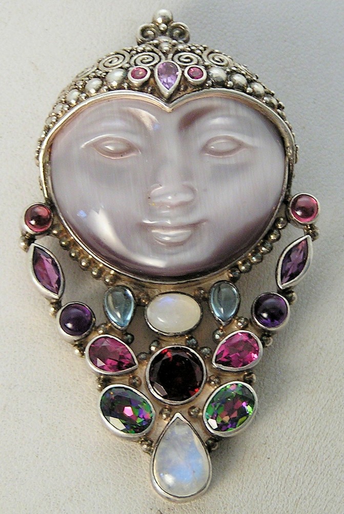Huge Sajen Sterling Craved MOP-Moonstone ? Goddess Face w/Gemstones Pin Pendant
