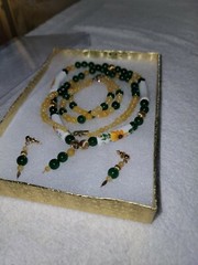 Green and yellow jade with gold filled beads & sunflower porcelain jewelry set.