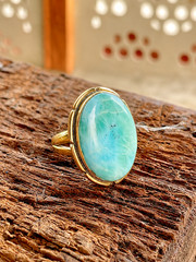 Natural Larimar Brass Ring, Handmade Boho Statement Ring, Oval Cabochon Ring