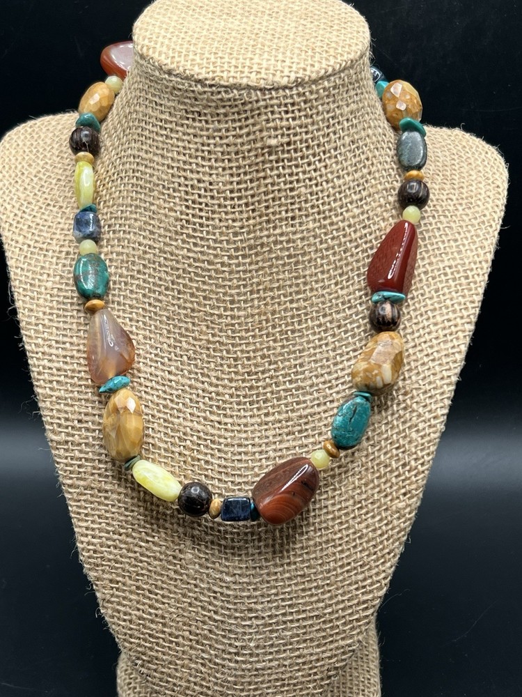 Sterling Silver 925 Mixed Natural Stone Bead Necklace Adjustable 16-18” Boho