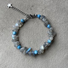 BLUE GRAY LABRADORITE Chip Beads Beaded Bracelet 7” Lobster Clasp Stainless