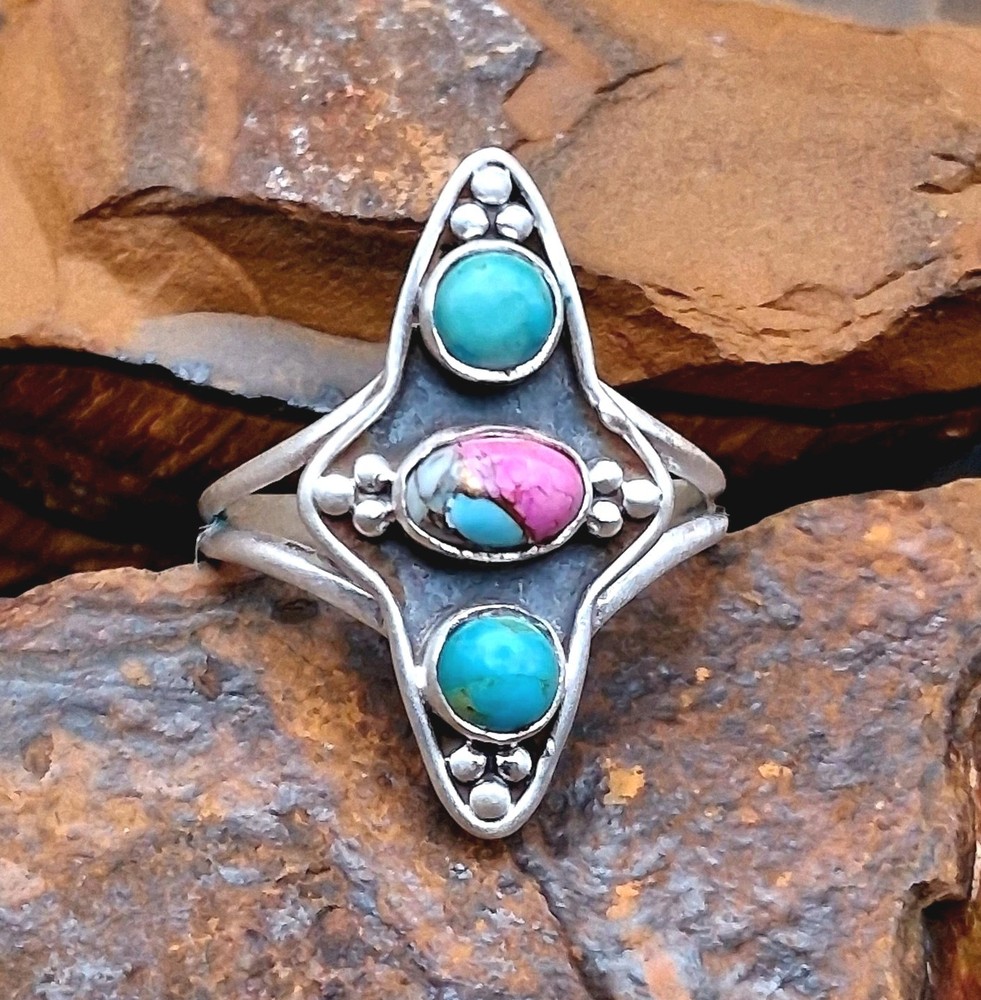 Sterling Silver Cotton Candy Turquoise Ring 3 Stone Size 6.5 Southwestern