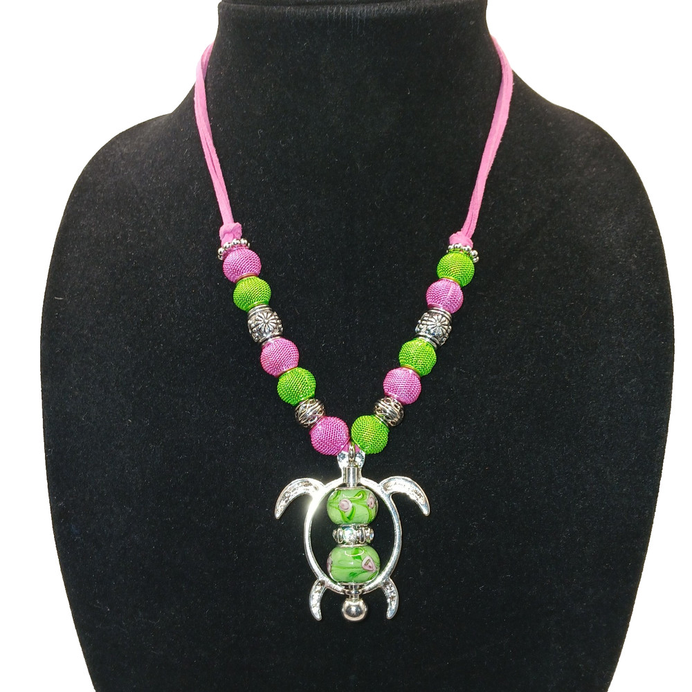 Sea Turtle Pendant Necklace Pink & Green Silver Tone Handmade Whimsical OOAK 19″