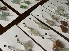 3 Pairs Womens Earrings Beaded White Blue Green Beach Glass Silver Dangle Lobe