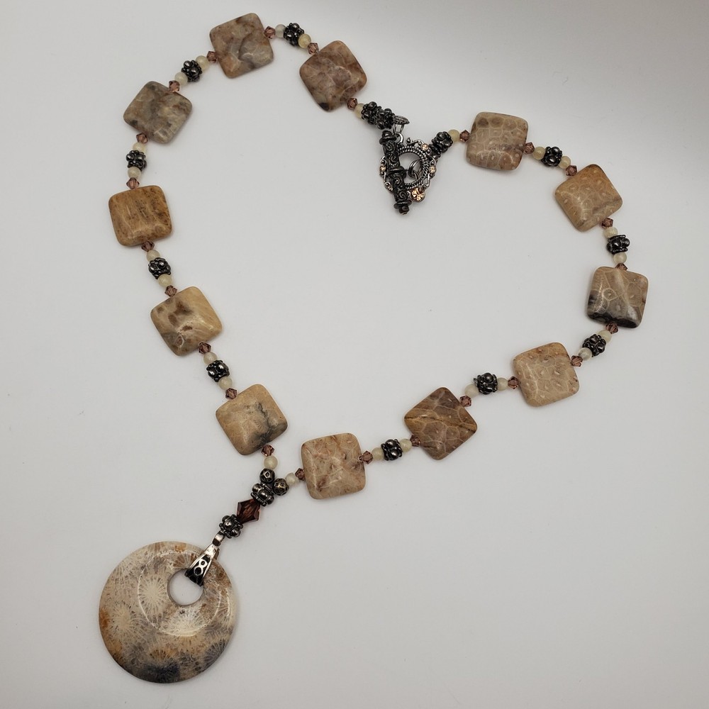 Artisan Hand Crafted Fossil Petoskey Stone Crystal Silver Tone Necklace 18″