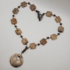 Artisan Hand Crafted Fossil Petoskey Stone Crystal Silver Tone Necklace 18″