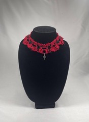 Vintage Handmade Goth Crochet Black White & Red Choker Necklace Set by Odythia