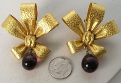 Spingarn NY Satin Textured Gold Tone Ribbon Bow Flower w/Amethyst Drop Earrings