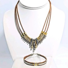 Artisan Mixed Metal Brass & leather 3 Strand Necklace & Bracelet 16″