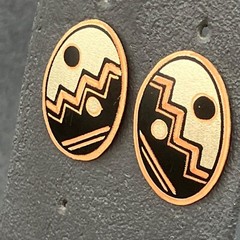 Pierced Earrings Copper Oval Black Silver Aztec Abstract Design Retro Boho Mod