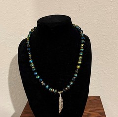 Necklace Calsilica beads,Handmade Blue and gold with Feather Pendant 22 in. L.