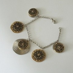 Wavy Disk Charm Bracelet Gold Plated/Rhodium Over Stainless Steel Brass Embossed