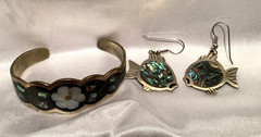 VTG Mexico Alpaca Silver & Inlay Abalone & MOP Cuff Bracelet & Earrings Set