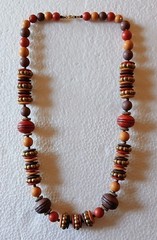 Vintage Handcrafted 24″ Beaded Wood Metal Necklace Brown Red Gold Bohemian