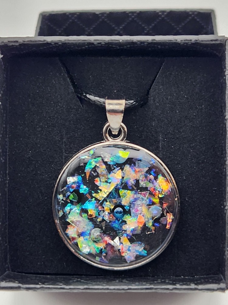 Handmade Epoxy Pendant Necklace Jewelry Blue Multicolor 18″ long 1.5mm Wax Rope
