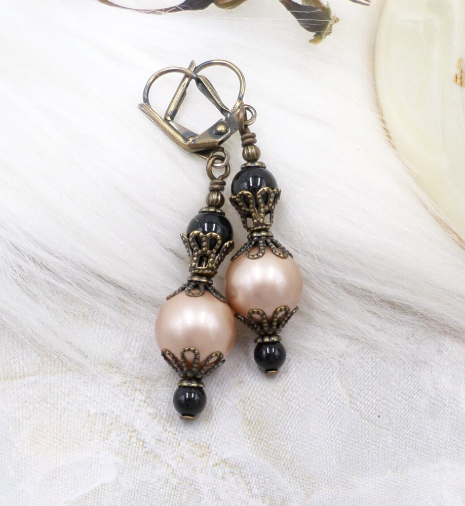 Handmade Champagne and Black Faux Pearl Victorian Style Filigree Drop Earrings