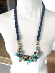 Turquoise Bead Chunky Necklace on Navy Silk Cord Handmade Boho 30 in