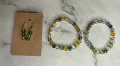 handmade beaded earrings and bracelets set green, yellow, blue and wht beads