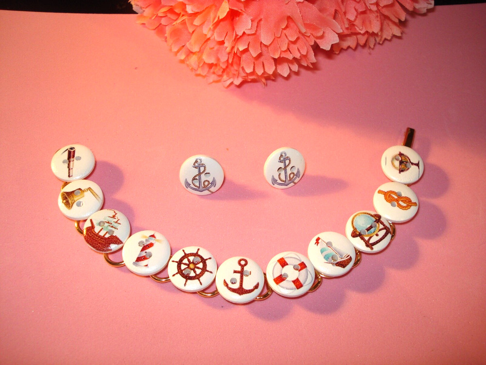 Hand Crafted Nautical Wood Enamel Buttons Bracelet n Post Earrings