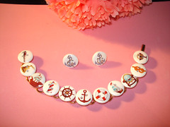 Hand Crafted Nautical Wood Enamel Buttons Bracelet n Post Earrings