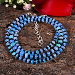 Blue Welo Opal Necklace with Black Spinel Handmade Gemstone