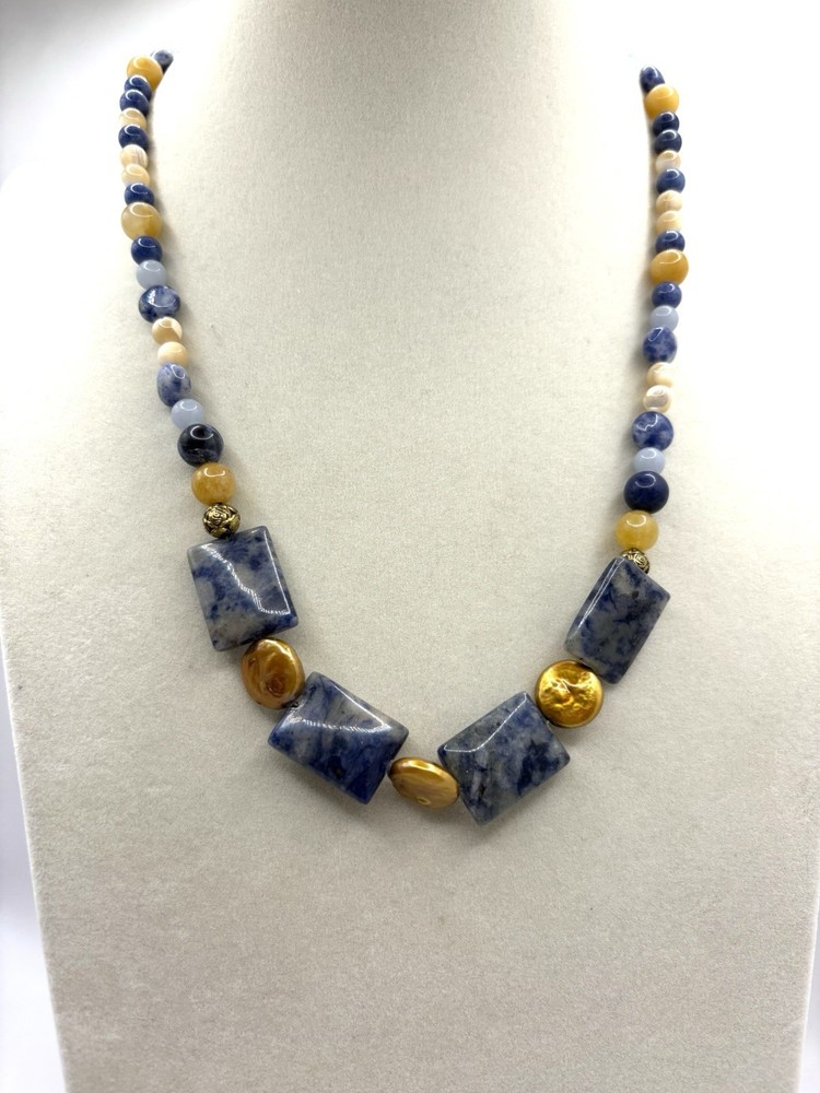 Blue Denim Sodalite & MOP & Agate Gold Colored Coin Pearls Beaded Necklace