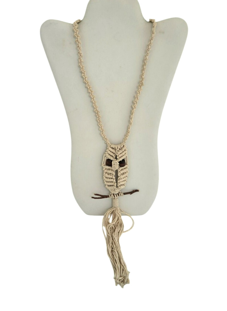 Vintage Macrame Owl Necklace w/ Wood Bead Eyes Boho 1970s