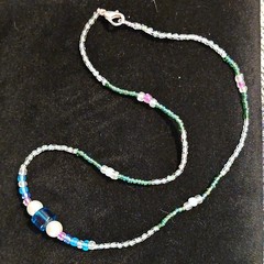 Beaded Necklace Multicolor Glass Blue Pink Green White Round Lobster Clasp