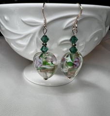 Artisan Dangle Earrings Lamp Work Green Hearts/Rose Gold Filled Ear Wires OOAK