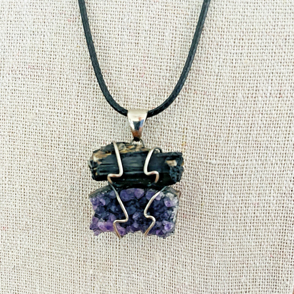 Amethyst and Black Tourmaline Wired Wrapped Crystal Pendant Black Cord Necklace