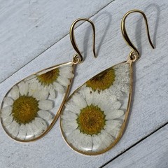 Min Favorit Pressed Daisy Flower In Epoxy Pendant & Gold Artisan Drop Earrings