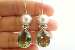 Green Amethyst Prasiolite White Mabe Pearl 925 Sterling Silver Dangle Earrings