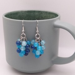 Handmade Chainmaille Earrings – Shaggy Beads – Blues Mix Glass – French Hook