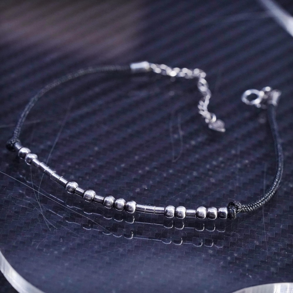 7+1.5”, Vintage Sterlng Silver bead Bracelet with black linen thread and beads