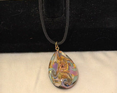 Handmade Artisan Fused Glass Teardrop 16″ Necklace Gold Pink Blue w/ Black Cord