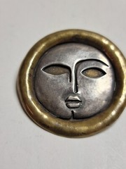 Vintage Modernist Abstract Moon Face Sterling Silver and Brass Brooch