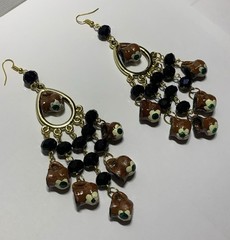Handcrafted Bear Head Chandelier Earrings Gold Tone Brown Black