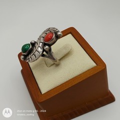 Southwest Native Harvey Era Malachite and Coral Leaf Sterling Silver Ring Size 6