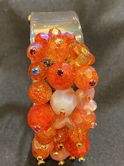 Handmade Orange Crackled Glass Beaded Acrylic Cuff Bracelet w/Rhinestone Accents