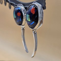 Sterling Silver 925 Mosaic Enamel Metallic Colorful Dangle Statement Earrings