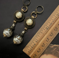 Faux Baroque Pearl Drop Earrings, Vintage Creamy Beige Haskell Pearls, Gold Tone