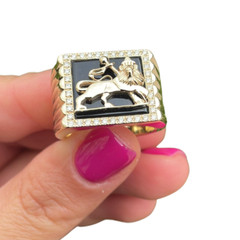 Lion of Judah In 14K Yellow Gold Jewish Men’s Ring Diamond Black Onyx Signet