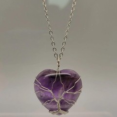 Amethyst Necklace Heart Pendant Wire Wrapped, February Birthstone, Chain